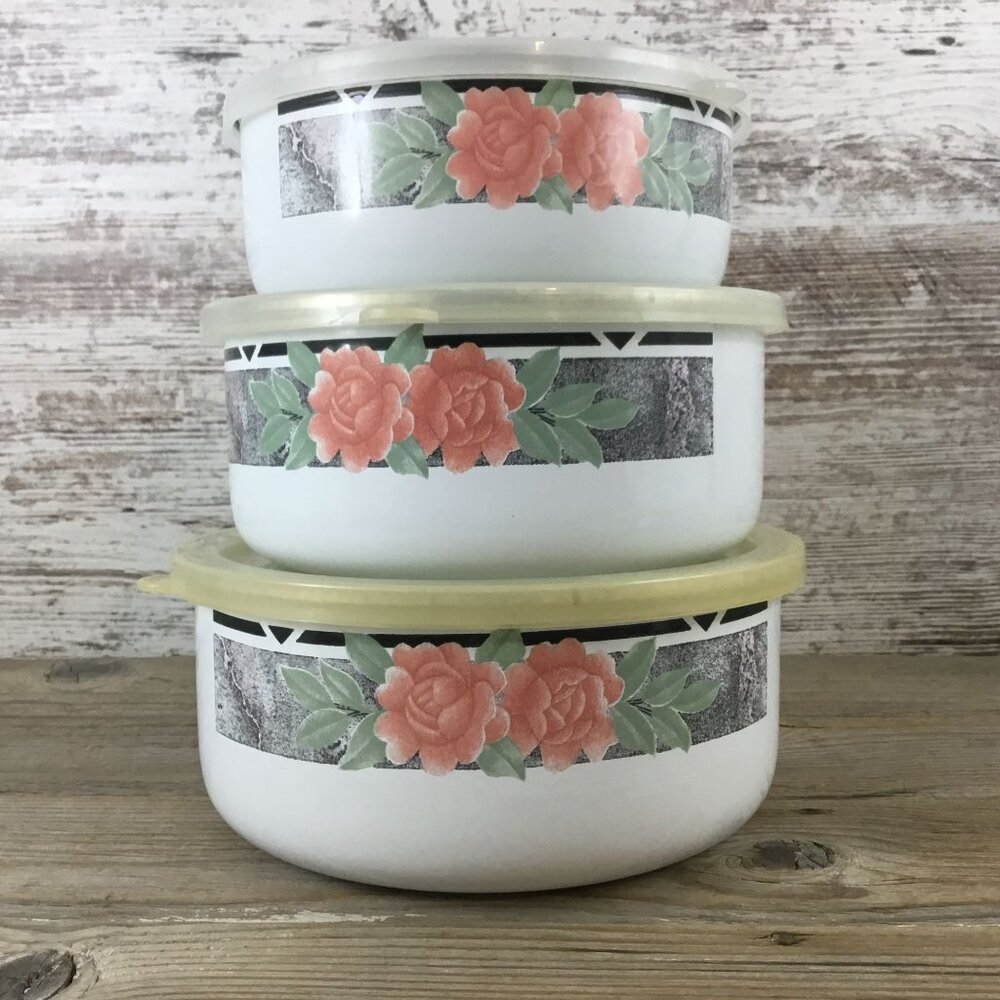 Vintage Corning Coordinates by Lincoware Silk and Roses Enamel Metal Bowls – Set